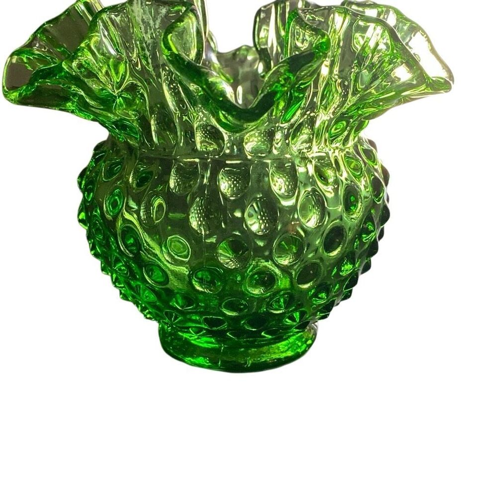 VTG Fenton Glass Vase Spring Time Green Hobnail RoseBowl Ruffled Edge MCM MARKED